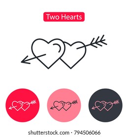 Two hearts pierced with arrow. Symbol of love, passion, intimacy and relationships. Graphic or web element for Valentine's Day celebration, wedding, engagement, dating services. Editable stroke.