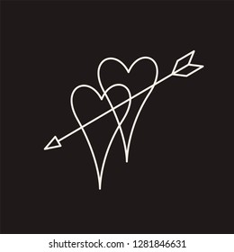 Two hearts pierced with arrow vector sketch isolated on black background. Hand drawn Two hearts pierced with arrow icon.