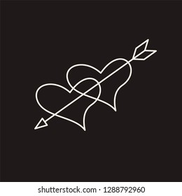 Two hearts pierced with arrow vector sketch isolated on black background. Hand drawn Two hearts pierced with arrow icon.