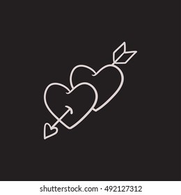 Two hearts pierced with arrow vector sketch icon isolated on background. Hand drawn Two hearts pierced with arrow icon. Two hearts pierced with arrow sketch icon for infographic, website or app.