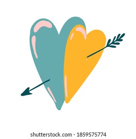 Dos corazones perforados por una flecha. El concepto de amor y amistad. Corazones de fondo blanco. pareja.