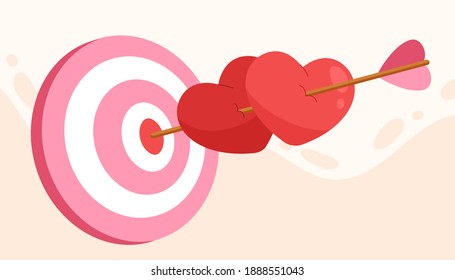 Two hearts pierced by the arrow on pink target for Valentine's day. Flat vector illustration for love decoration, print, banner, sticker, wedding invitation card. Love archery and target.