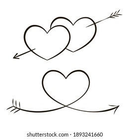 Two hearts pierced by an arrow. Valentine's day doodle style elements for decoration of postcards, websites, notebooks. Wedding hand draw outline elements on white background. Love heart icons. 