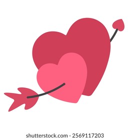 Two hearts pierced by an arrow symbolize love and affection, designed in red colors with a cute vector style for Valentine's Day, featuring a romance concept, isolated on a white background.