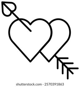 Two hearts pierced by an arrow, symbolizing love and romance, line art icon illustration. Perfect for Valentine's Day, romantic themes, and correspondence-related designs.
