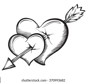 Two hearts pierced by an arrow. Hand drawn sketch style, vector illustration.