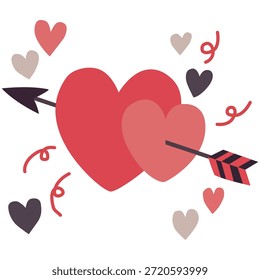 Dos corazones perforados por una sola flecha, Ilustración vectorial romántica aislada en blanco. Concepto de San Valentín.
