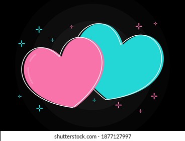 Two hearts in pink and blue on a black background. Heart symbol of love. Happy valentine's day.