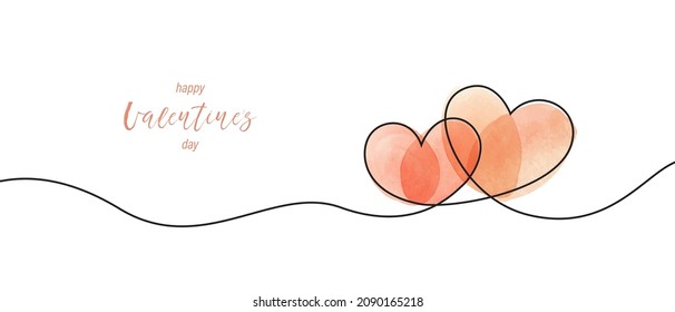 Two hearts with pink watercolor spots. Valentine's day lettering. Continuous line drawing. Holiday card, romantic, wedding design elements. Symbol of love.