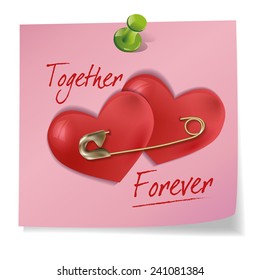 Two hearts pinned safety pin to sticker.