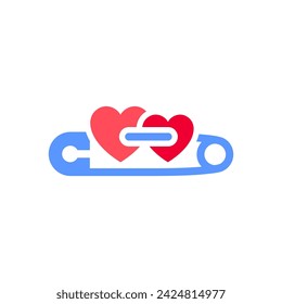 Dos corazones anclados icono de pin de seguridad o símbolo de San Valentín, signo de fiesta diseñado para la celebración, vector de moda estilo moderno.