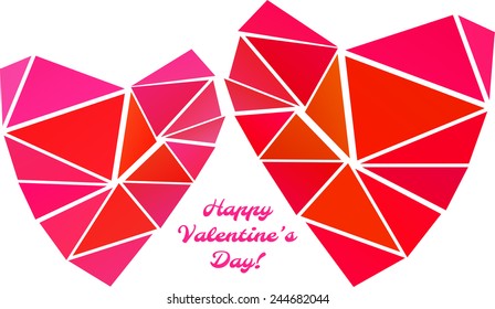 Two hearts of polygonal triangles. Decorative card with lettering ''Happy Valentine's day!"