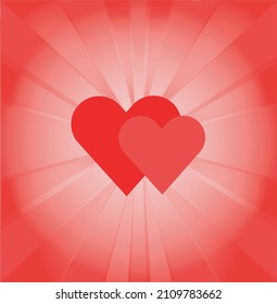 Two hearts with rays of light coming out of the center for Valentines Day. All in shades of red. vector illustration