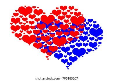 Two hearts - red and blue pattern on a white background