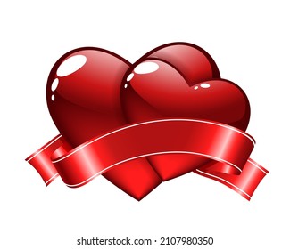Two hearts with red ribbon. Happy Valentines Day card. Vector illustration.