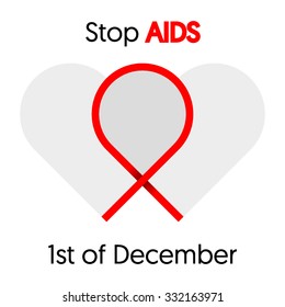 Two hearts and red ribbon with text "Stop AIDS". Vector illustration