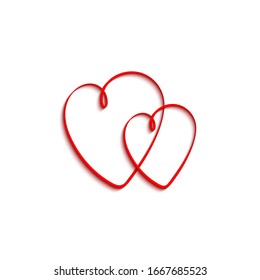 Two hearts. Red hearts with shadow, isolated on white background. Heart vector icon. Love concept. Valentines day. Vector illustration.