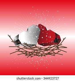 Two hearts red and white in a nest of twigs