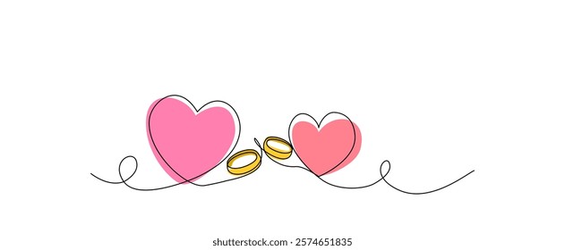 Two hearts and rings, continuous one line drawing. Valentine's Day, wedding. Hearts connect trendy minimalist illustration. Black, white, gold, pink colors. Minimalist outline drawing. Vector