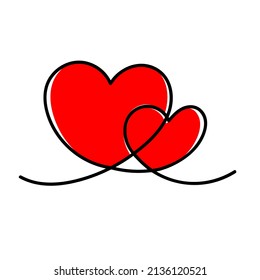 Two hearts. Romantic continuous one line drawing connecting two hearts, love valentine sign, tattoo art minimalist design vector sketch concept