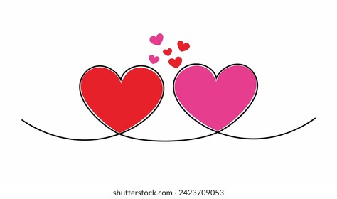 Two hearts. Romantic continuous one line drawing connecting two hearts with watercolor spot,  minimalist design vector concept