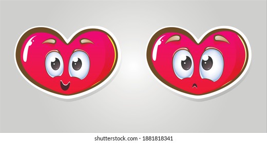 Two hearts sad and cheerful in a cartoon style. Stock vector illustration.