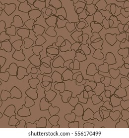 Two hearts seamless pattern. Chocolate color pairs of heart symbols randomly placed on brown background. Stylized texture for Valentine day gift or greeting card design. Vector eps8 illustration.