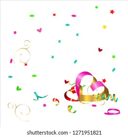 Two hearts. Serpentine and confetti. Vector background.