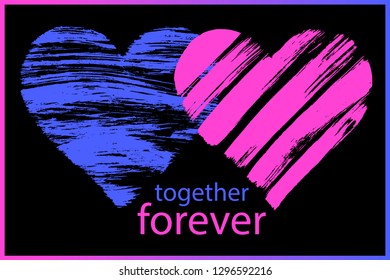 Two hearts shape design for love symbol created with texture in handmade watercolor technique. Together forever. Valentine's day. Graphic element in technique vector illustration. Grunge style.