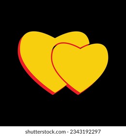 Two hearts sign. 3D Extruded Yellow Icon with Red Sides a Black background. Illustration.