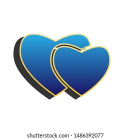 Two hearts sign. Blue icon with gold contour with dark gray shadow at white background. Illustration.