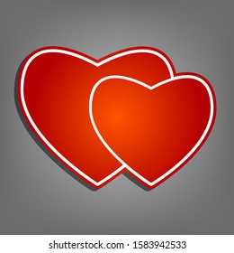 Two hearts sign. Flat red icon with linear white icon with gray shadow at grayish background. Illustration.