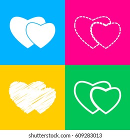 Two hearts sign. Four styles of icon on four color squares.