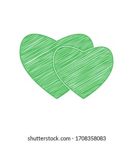 Two hearts sign. Green scribble Icon with solid contour on white background. Illustration.