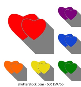 Two hearts sign. Set of red, orange, yellow, green, blue and violet icons at white background with flat shadow.