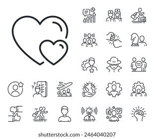 Two Hearts sign. Specialist, doctor and job competition outline icons. Couple Love line icon. Valentines day symbol. Hearts line sign. Avatar placeholder, spy headshot icon. Strike leader. Vector