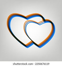 Two hearts sign. Stroked Icon in orange, azure and old lavender Colors at gray Background. Illustration.