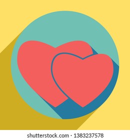 Two hearts sign. Sunset orange icon with llapis lazuli shadow inside medium aquamarine circle with different goldenrod shadow at royal yellow background.