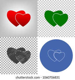 Two hearts sign. Vector. 4 styles. Red gradient in radial lighted background, green flat and gray scribble icons on transparent and linear one in blue circle.