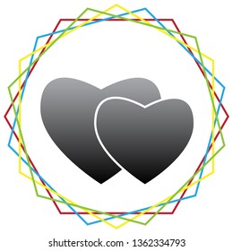 Two hearts sign. Vector. Black icon with patch of light inside colorful hexagonal frames at white background.