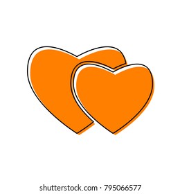 Two hearts sign. Vector. Black line icon with shifted flat orange filled icon on white background. Isolated.
