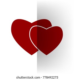 Two hearts sign. Vector. Bordo icon on white bending paper background.