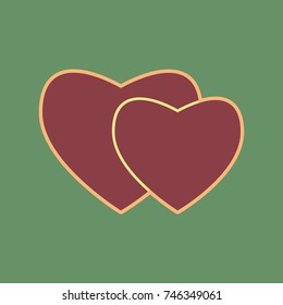 Two hearts sign. Vector. Cordovan icon and mellow apricot halo with light khaki filled space at russian green background.