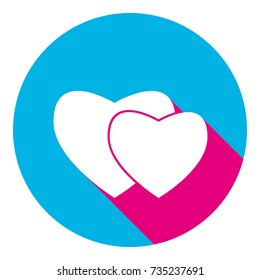 Two hearts sign. Vector. Flat white icon with mexican pink shadow inside sky blue(S and G) circle at white background. Isolated. Trend colors in 2017.