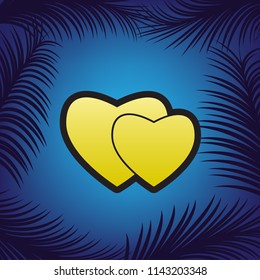 Two hearts sign. Vector. Golden icon with black contour at blue background with branches of palm trees.