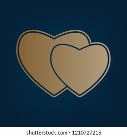 Two hearts sign. Vector. Golden icon and border at dark cyan background.