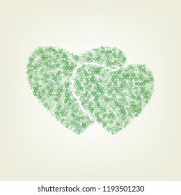 Two hearts sign. Vector. Green hexagon rastered icon and noised opacity and size at light green background with central light.