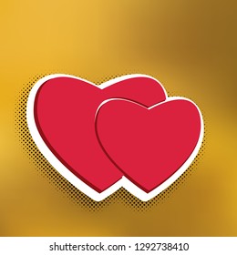 Two hearts sign. Vector. Magenta icon with darker shadow, white sticker and black popart shadow on golden background.