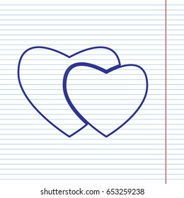 Two hearts sign. Vector. Navy line icon on notebook paper as background with red line for field.