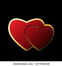 Two hearts sign. Vector. Red icon with small black and limitless shadows at golden sticker on black background.